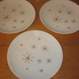 3 VTG ATOMIC STAR GLOW ROYAL IRONSTONE DINNER PLATES 10 IN